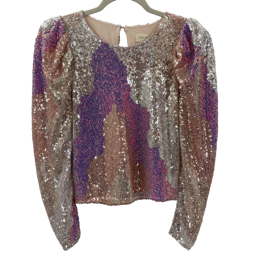 NWT Saltwater Luxe XS Tracey Top in Opal Sequins Long Puff Sleeves